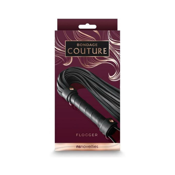 Black synthetic leather flogger with wrapped handle in elegant Bondage Couture packaging