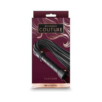 Black synthetic leather flogger with wrapped handle in elegant Bondage Couture packaging