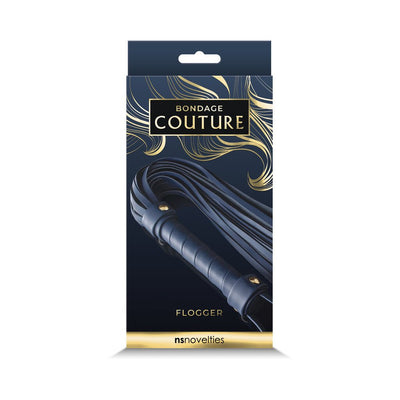 Blue vinyl flogger with wrapped handle and multiple tails in elegant Bondage Couture packaging.