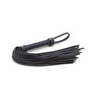 Blue vinyl flogger with wrapped handle and multiple soft tails, featuring a wrist loop for secure grip.