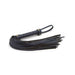 Blue vinyl flogger with wrapped handle and multiple soft tails, featuring a wrist loop for secure grip.