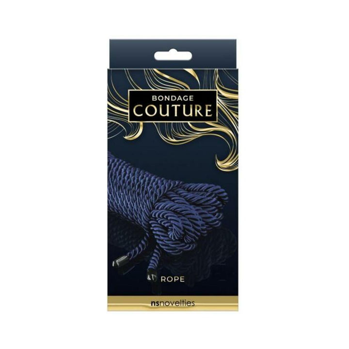Blue synthetic bondage rope neatly coiled in black and gold Bondage Couture packaging by NS Novelties.