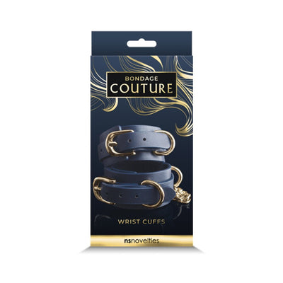 Blue synthetic leather wrist cuffs with gold-tone buckles and hardware in elegant Bondage Couture packaging.