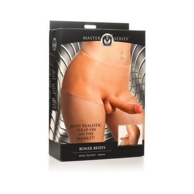 Packaging of Boner Briefs silicone penis panties showing realistic strap-on design in light skin tone, size small.