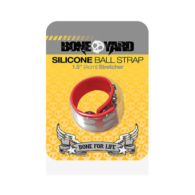 Red silicone ball stretcher with adjustable snap closures on yellow and gray Boneyard branded packaging.