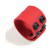 Red silicone ball stretcher with adjustable black snap closures on white background.