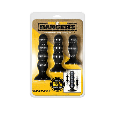 Boneyard Bangers silicone butt plug training kit with three graduated sizes and weighted inner metal balls in black
