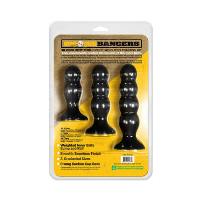 Boneyard Bangers black silicone butt plug training kit with three graduated sizes and suction cup bases in retail packaging.