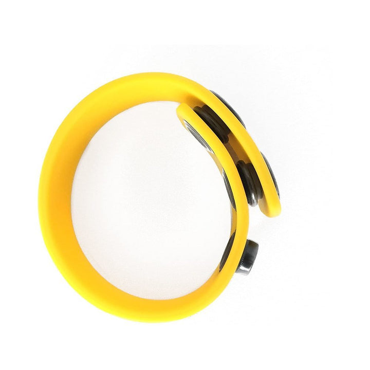 Yellow adjustable silicone cock strap with black snap closures on a white background.