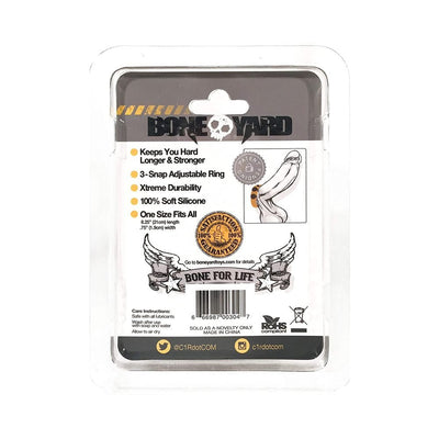 Boneyard Silicone Cock Strap packaging showing product features and care instructions in clear plastic blister pack.