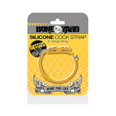 Boneyard red silicone adjustable cock strap with three snap closures in yellow and gray packaging