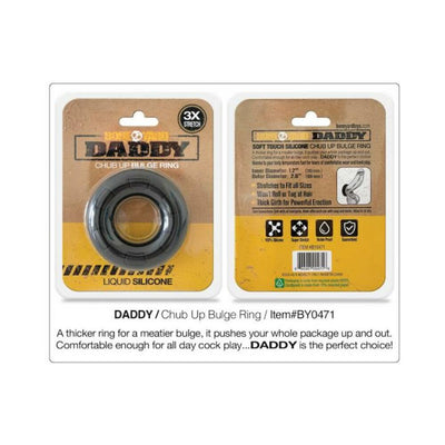 Packaging front and back of Daddy Silicone Chub Up Bulge Ring in black, highlighting stretch and comfort features.