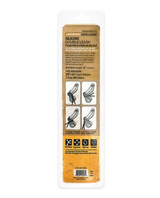 Packaging of Boneyard Double Cock Leash in black with product details and usage illustrations on a beige background.