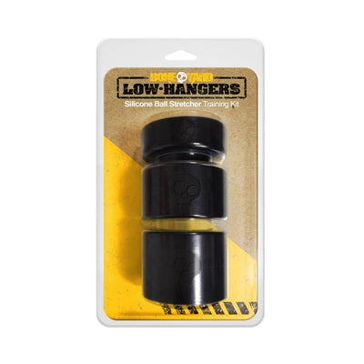 Boneyard Low Hangers black silicone ball stretcher training kit with three graduated rings in retail packaging