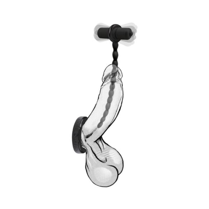 Transparent anatomical male model showing black vibrating urethra trainer with ribbed design and vibrating bullet attachment.