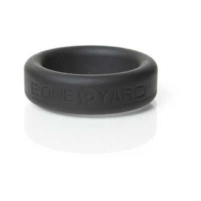 Black Boneyard silicone ring with embossed logo and skull design, 1.2 inches wide, on white background.