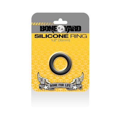 Boneyard black silicone ring 1.2 inches in branded yellow and gray packaging with skull pattern background.