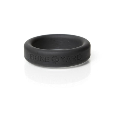 Black Boneyard silicone ring with embossed logo, smooth finish, and 1.4-inch diameter for comfortable wear.