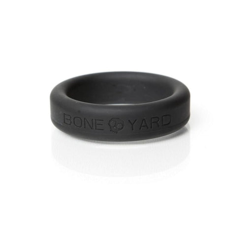 Black Boneyard silicone ring with embossed logo, smooth finish, and 1.4-inch diameter for comfortable wear.