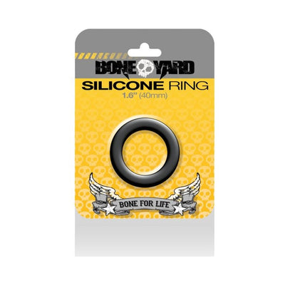 Boneyard black silicone ring 40mm in branded yellow and gray packaging with skull pattern background.