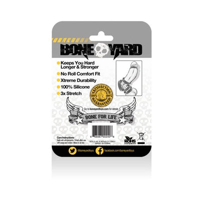 Boneyard Silicone Ring packaging highlighting durability, comfort fit, 100% silicone, and 3x stretch features with product care instructions.
