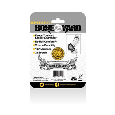 Boneyard Silicone Ring 45mm packaging highlighting durability, comfort fit, 100% silicone, and stretch features with product usage illustration.