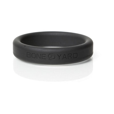 Black Boneyard silicone ring with embossed logo, smooth finish, and rounded edges, size 45mm.