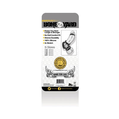 Boneyard Silicone Ring 5-piece kit packaging showing product features and size options in black color.