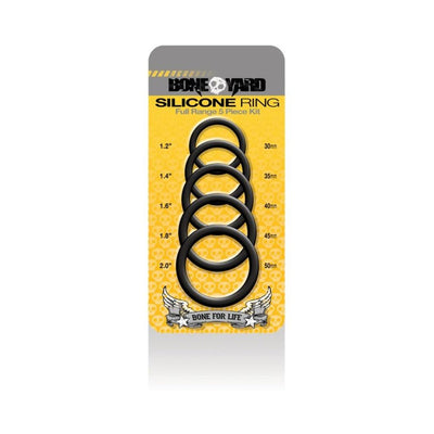 Boneyard black silicone ring set with five sizes displayed on yellow and gray branded packaging.