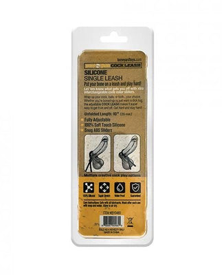 Packaging of Boneyard Single Cock Leash in black, showing product details and usage illustrations on a brown label.