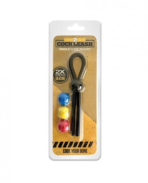 Black adjustable silicone cock leash with three colored adjustment beads in retail packaging