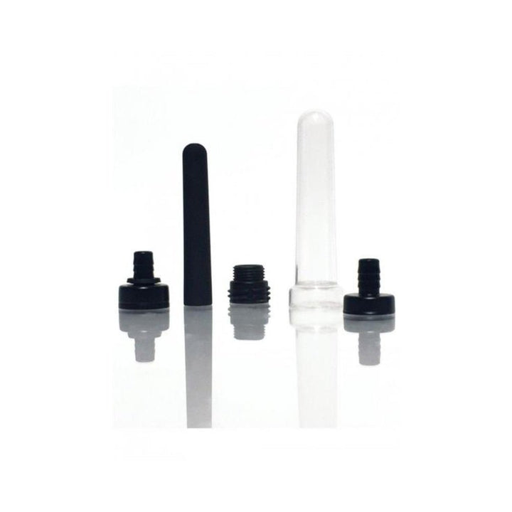 Boneyard Skwert 5-piece water bottle douche adaptor kit with black and clear silicone nozzles and threaded adapters.