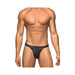 Male model wearing black stretch lace thong with elongated pouch, front view on white background.