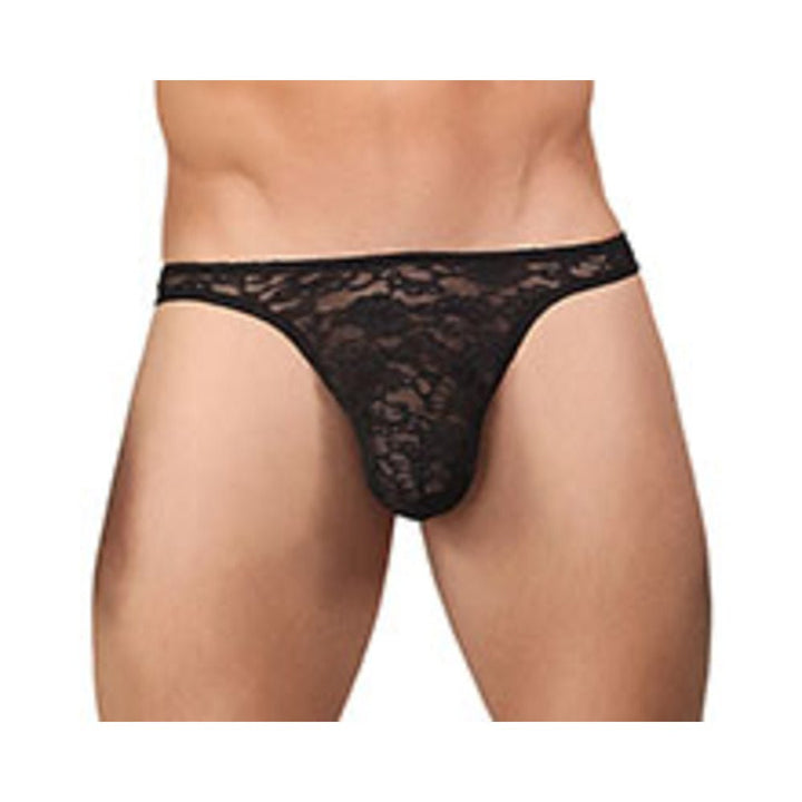 Black stretch lace thong with elongated pouch design on male model, size S/M.