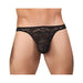 Black stretch lace thong with elongated pouch design on male model, size S/M.