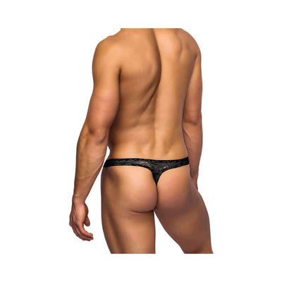 Male model wearing black stretch lace thong with a low-rise fit and minimal back coverage shown from behind.
