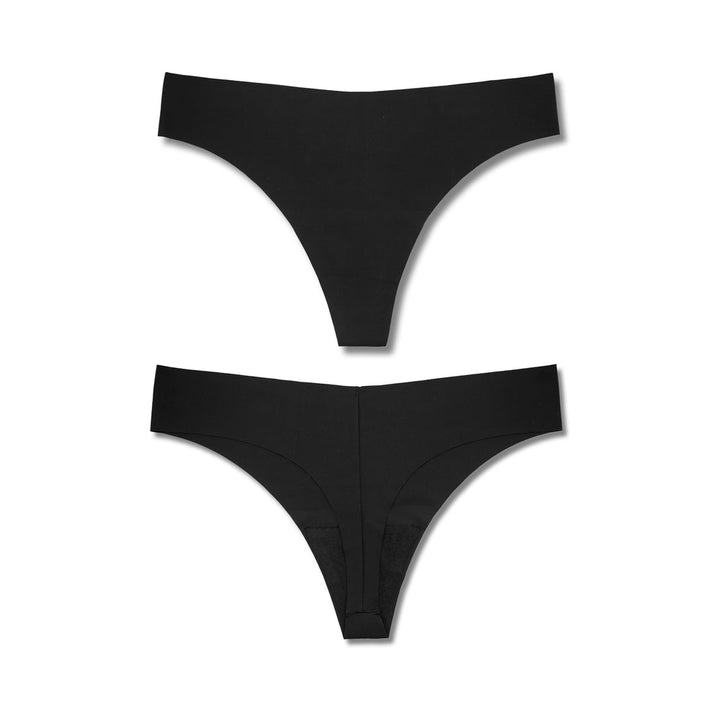 Black seamless laser-cut thong shown from front and back on white background