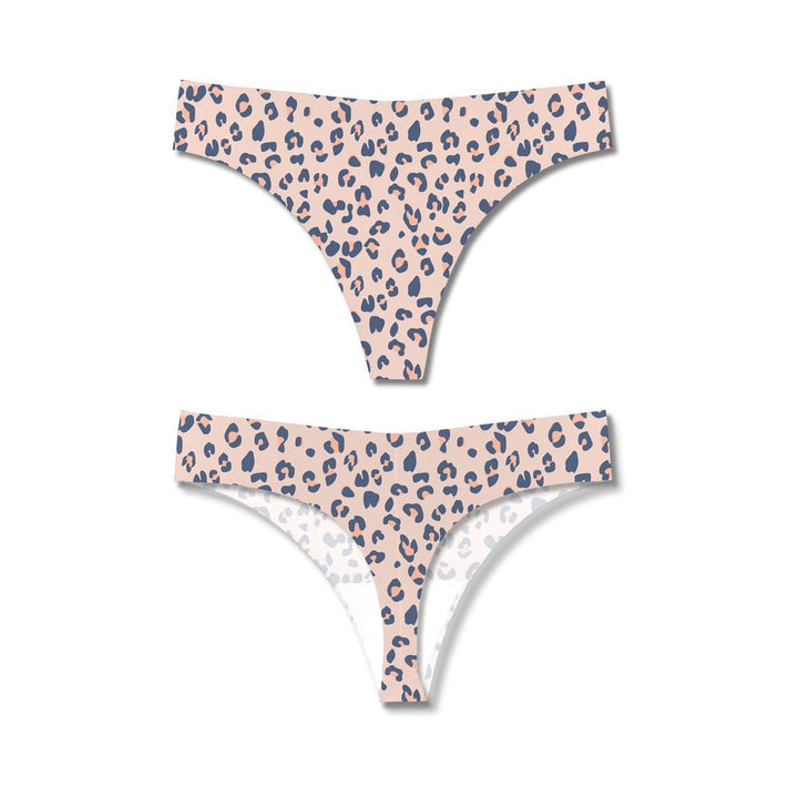 Dusty pink seamless thong with navy and peach leopard print, shown front and back views.