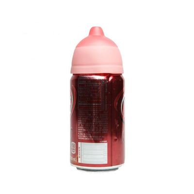 Pink silicone novelty beer can topper shaped like a stylized breast, placed on a red soda can.