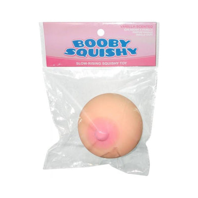 Vanilla-scented slow-rising booby-shaped squishy toy in clear packaging with pink label reading Booby Squishy.