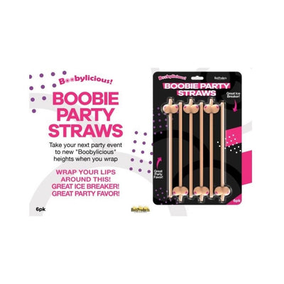 Pack of six flesh-colored novelty party straws shaped with playful boobie designs for bachelorette and adult parties.