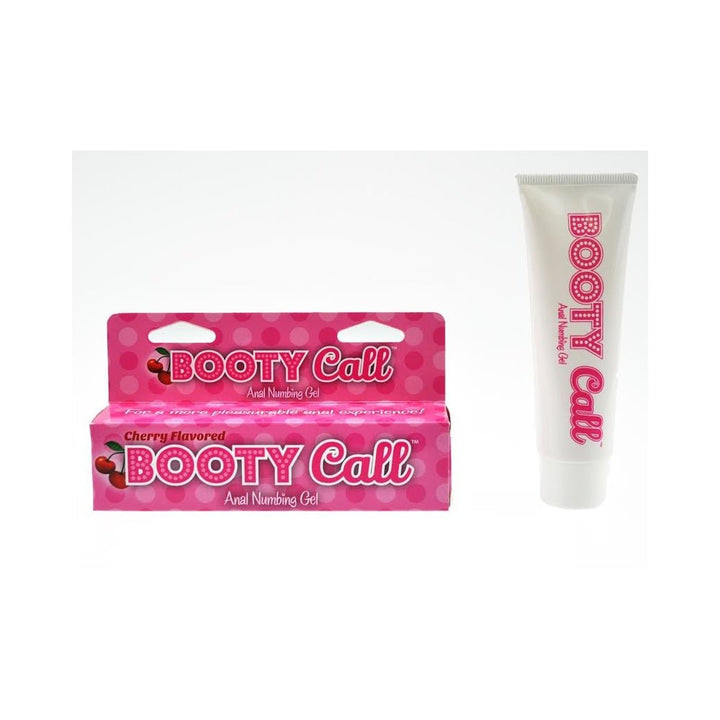 Booty Call cherry-flavored anal numbing gel in a 1.5 oz white tube with pink packaging and flip cap.