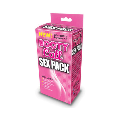 Pink Booty Call Sex Pack box featuring a complete potion kit with numbing gel, lube, flavored love lickers, and after sex mints.