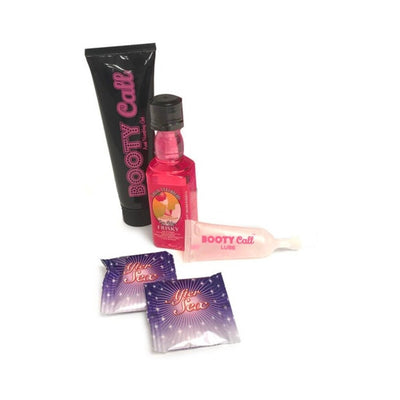 Bootycall Sex Pack featuring cherry numbing gel, strawberry flavored lube, love lickers, and after sex mints in colorful packaging.