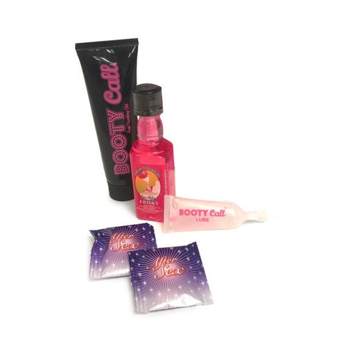 Bootycall Sex Pack featuring cherry numbing gel, strawberry flavored lube, love lickers, and after sex mints in colorful packaging.