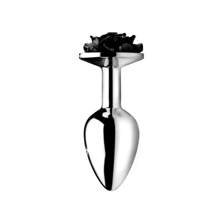 Sleek silver metal anal plug with a decorative black rose base, small size and smooth polished finish.