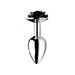 Sleek silver metal anal plug with a decorative black rose base, small size and smooth polished finish.