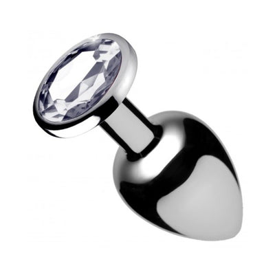 Medium-sized polished metal anal plug with a clear faceted gem at the base for an elegant finish.