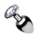 Medium-sized polished metal anal plug with a clear faceted gem at the base for an elegant finish.