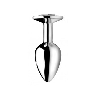 Small sleek silver metal anal plug with tapered shape and clear gem base for elegant sensual play.